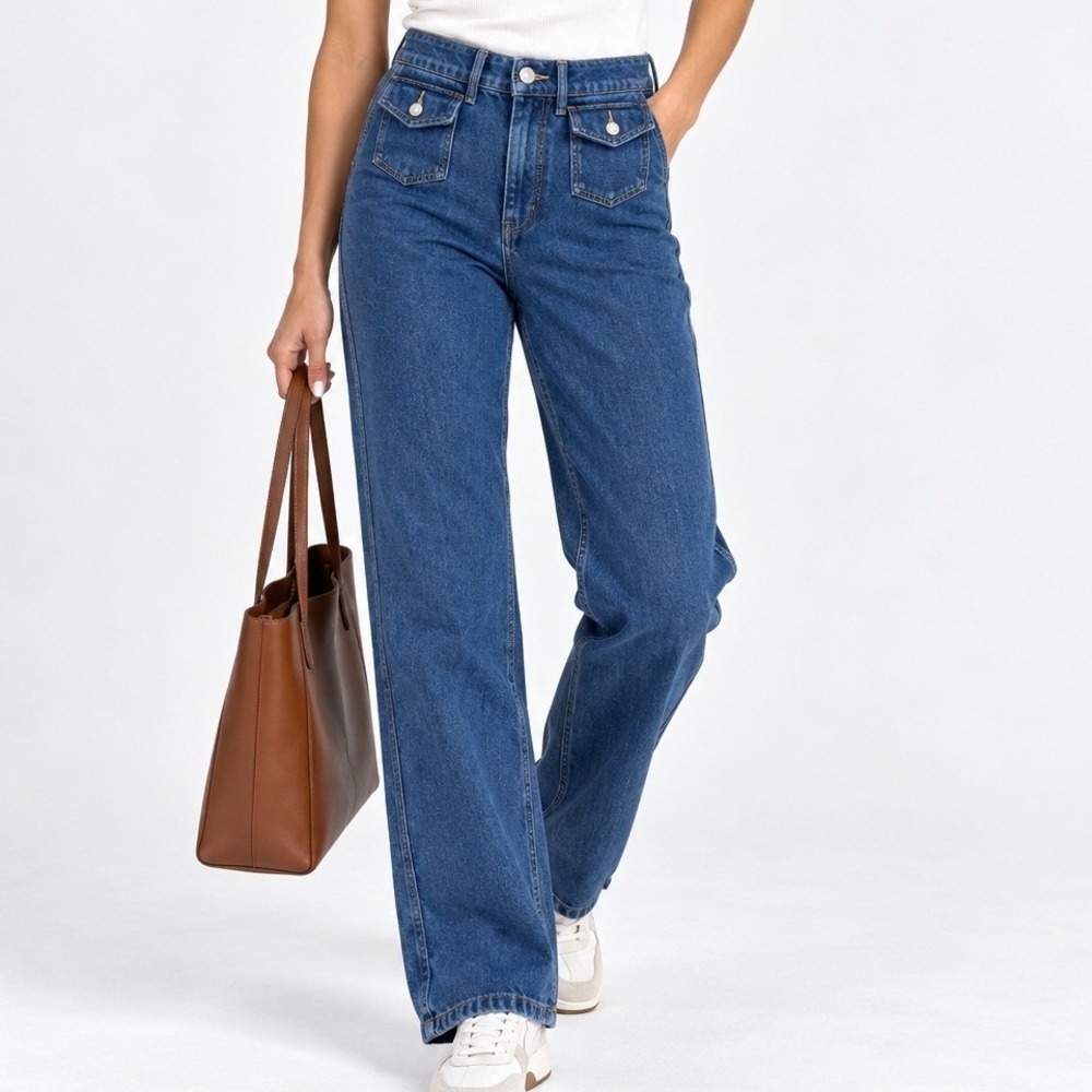 RE/DONE High Rise Straight Leg Jeans True Rinse Blue Front Flap Pocket 26 NEW